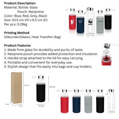 5 BSGIFTS Glass Bottle 500ml with Neoprene Pouch – 20.5(H) x 6.5 cm (D)
