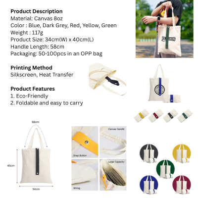 5 BSGIFTS Foldable Canvas Bag with color strap 8oz – 34×40