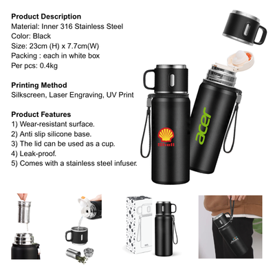 5 BSGIFTS Stainless Steel Vacuum Thermos Flask with Handle - 600ml
