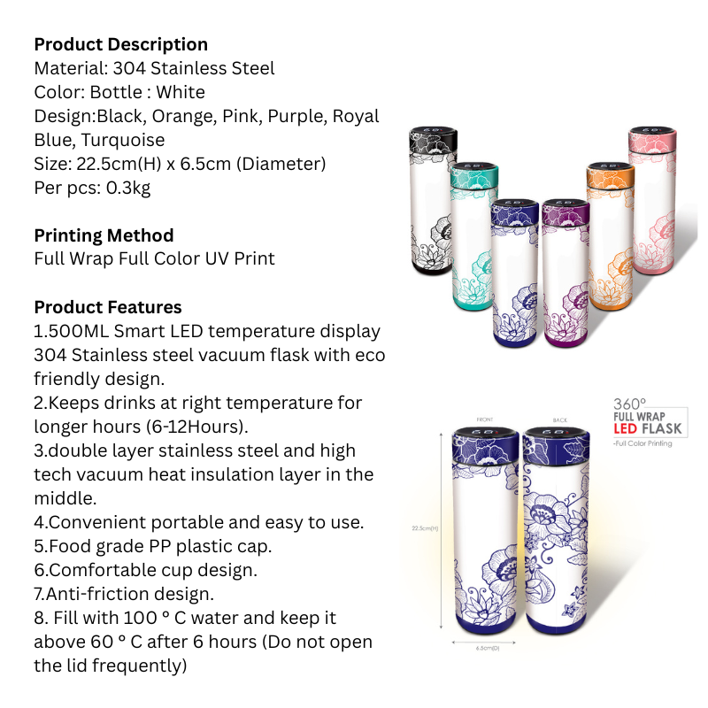 Batik Garis Stainless Steel Thermos Flask 500ml with LED - Custom Made