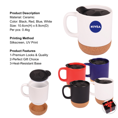 5 BSGIFTS Cork Base Ceramic Mug with Ribbon Box - 350ml
