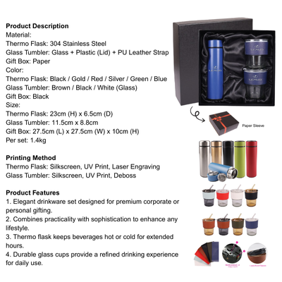 5 BSGIFTS Gift Set 2 in 1-Elegance Sip Gift Set (Thermo Flask, Glass Tumbler))