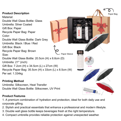 5 BSGIFTS Gift Set 2 in 1-HydroShield Gift Set With Recycle Paper Bag (Double Wall Glass Bottle, Umbrella)