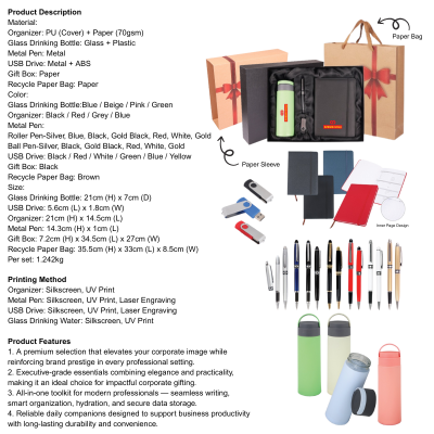 5 BSGIFTS Gift Set 4 in 1-Prime Corporate Gift Set With Recycle Paper Bag (Metal Pen, Glass Drinking Bottle, Organizer, USB Drive)