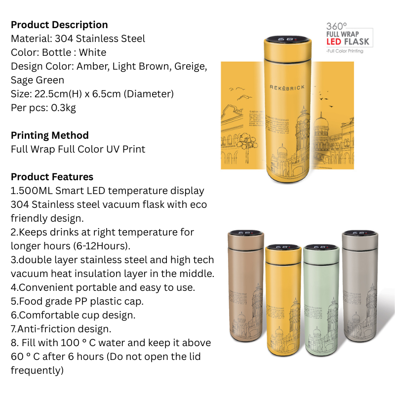 07009 KL SAbdul Samad Stainless Steel Thermos Flask 500ml with LED - Full Color Printing