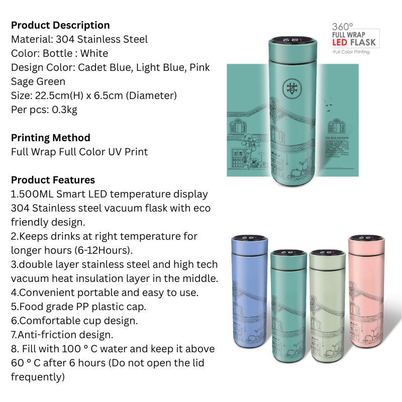 07009 Penang The Blue Mansion Stainless Steel Thermos Flask 500ml with LED - Full Color Printing