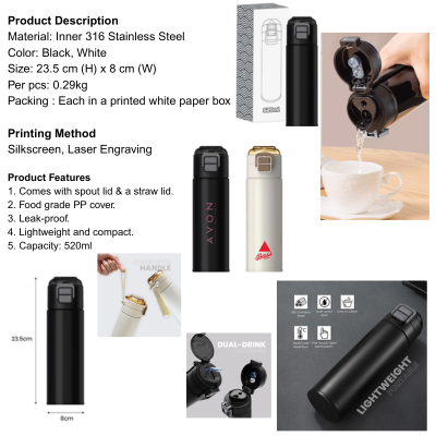 5 BSGIFTS Dual Lid 316 S.Steel Bottle with Straw - 520ml