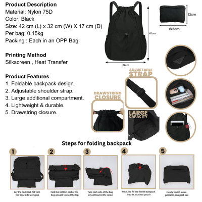 5 BSGIFTS Foldable Nylon Drawstring Backpack