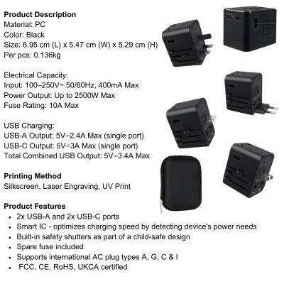 5 BSGIFTS Travel adapter power out put 2500W max