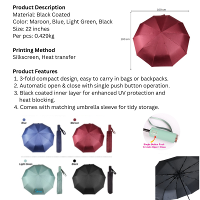 5 BSGIFTS 22 inches 3 Fold Black Coated Auto Umbrella