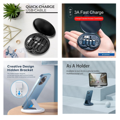 3(1) BSGIFTS PVC+ABS Multicable 5 in 1 fast charge with sim card storage & handphone stand