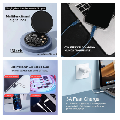 3(2) BSGIFTS PVC+ABS Multicable 5 in 1 fast charge with sim card storage & handphone stand