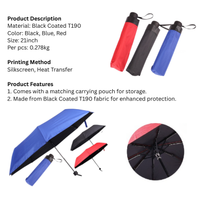 5 BSGIFTS 21 inch Black Coated T190 Foldable Umbrella