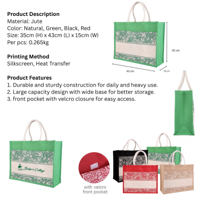 5 BSGIFTS EcoLife Jute Tote Bag with Velcro Front Pocket - 35 (H) x 43 (L) x 15cm (W)