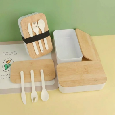3(4) BSGIFTS Japanese Bento Box with Bamboo Wood and Free Cutlery