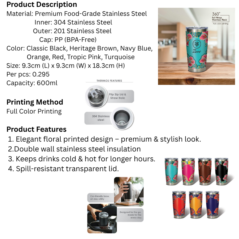 BS00008 Malaya Hibiscus_ Stainless Steel Vacuum Thermos Flask 600ml with Flip Sip Lid and Straw Hole - Full Color Printing
