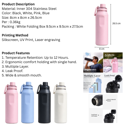 5 BSGIFTS 304 Stainless Steel Vacuum Bottle 750ml - 8 x 8 x 26.5cm