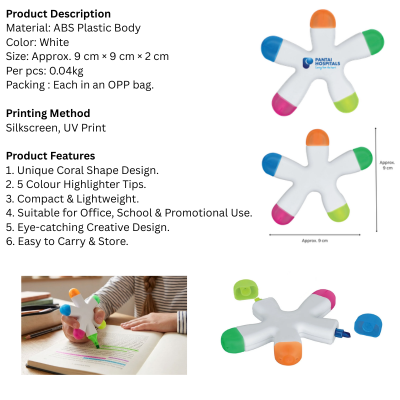 5 BSGIFTS Unique ABS Plastic Body Coral Shape 5 color Highlighter