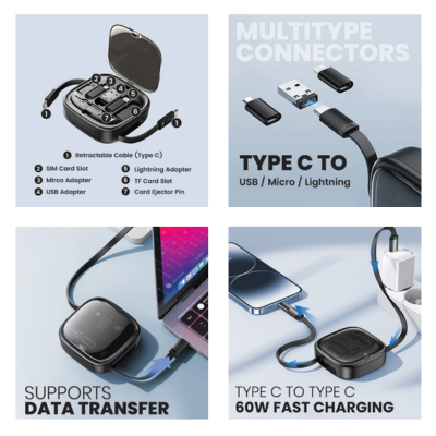 3(2) BSGIFTS ABS+TPE+Aluminium alloy Multi-Charging Travel Kit - 7(L) x 7(W) x 2.3cm(D)