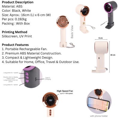 5 BSGIFTS ABS Portable Rechargeable Fan - Approx. 16 (L) x 6 cm (W )
