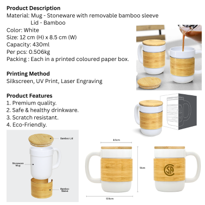 5 BSGIFTS Ceramic Mug with Bamboo Sleeve Lid - 430ml