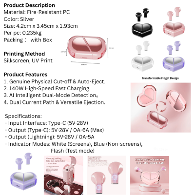 5 BSGIFTS PC+ABS Transformable Fidget Design Bluetooth Earphone 25 mAh with Type-C charging cable