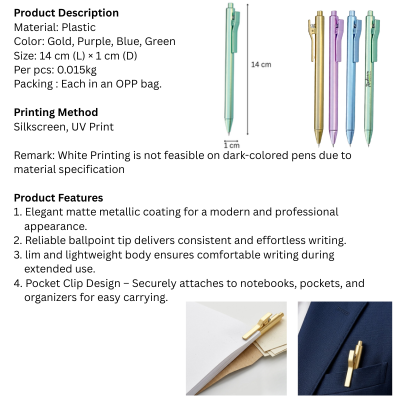 5 BSGIFTS Pocket Clip Design Plastic Pen - 14 cm (L) × 1 cm (D)