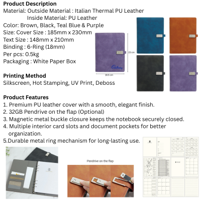 5 BSGIFTS A5 PU Leather 6 Ring Planner with Pendrive on the flap