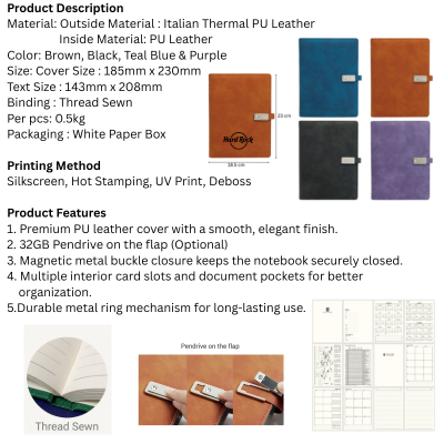 5 BSGIFTS A5 PU Leather Thread Sewn Planner with Pendrive on the flap