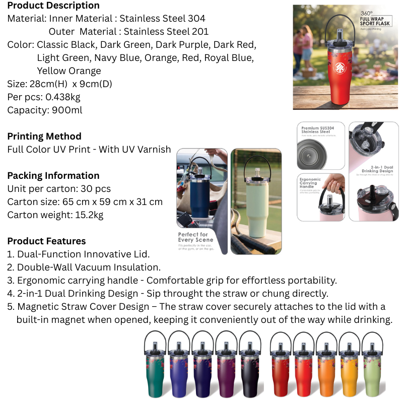 BS00046_Aurelia Hibiscus Stainless Steel 304 Sport Flask_900ml