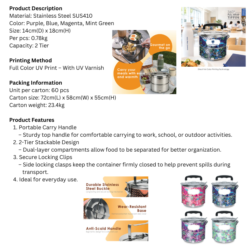 BS00048_Bound Whisper of Tradition_2 Tier 410 Stainless Steel Tiffin- Full Color Printing
