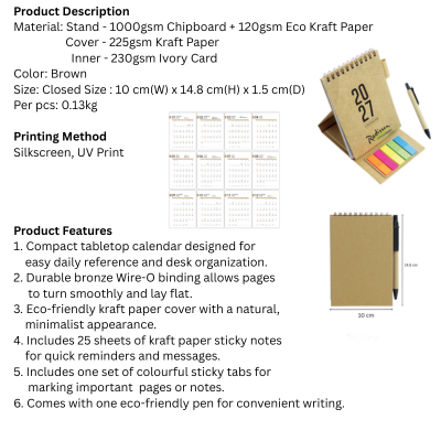 5 BSGIFTS A6 Eco Kraft Desktop Calendar with Sticky Notes & Pen