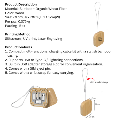 5 BSGIFTS Square Shape Bamboo 6-in-1 Fast Charging Cable Kit