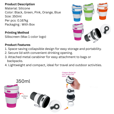 5 BSGIFTS BPA-Free Silicone 350ml Collapsible Cup with Carabiner