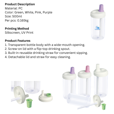 5 BSGIFTS Portable Plastic Water Bottle with Straw 500ml