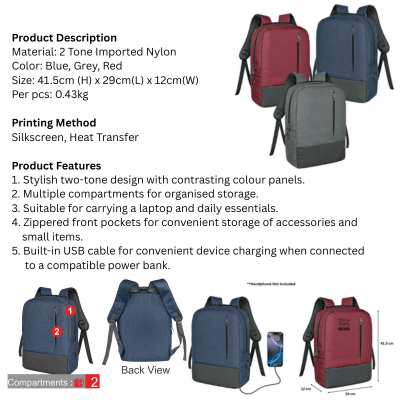 5 BSGIFTS Two-Tone Nylon Laptop Backpack with USB Cable